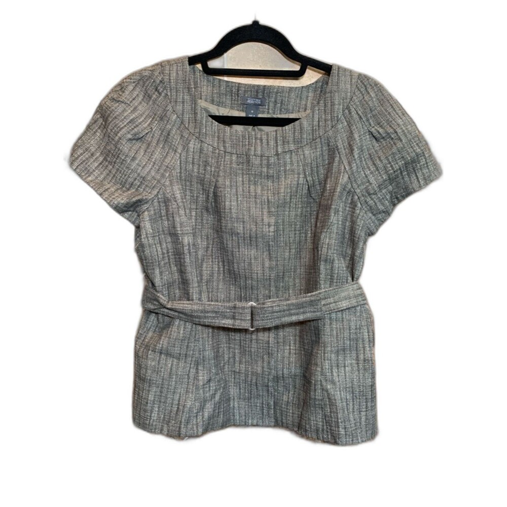 Kenneth Cole Reaction Oatmeal Tweed Belted Short Sleeve Peplum Top Work Size 12